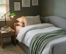 Light grey  upholstered daybed with under-bed storage drawer