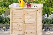 Garden Cabinet with 2 Compartments, Metal Work Surface with Edging, Natural Wood, 83 x 40 x 92 cm