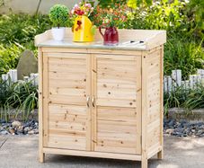 Garden Cabinet with 2 Compartments, Metal Work Surface with Edging, Natural Wood, 83 x 40 x 92 cm