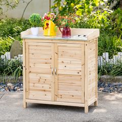 Garden Cabinet with 2 Compartments, Metal Work Surface with Edging, Natural Wood, 83 x 40 x 92 cm