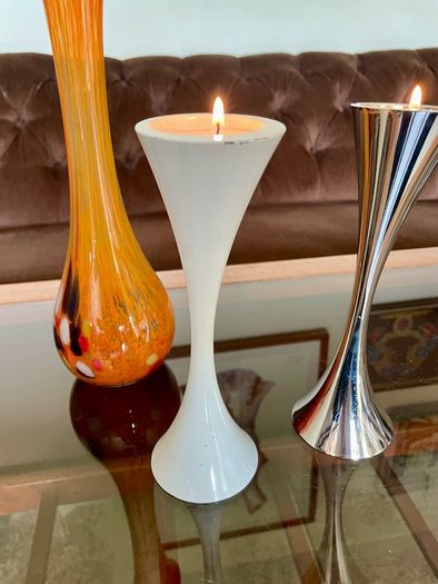 Vintage 20th Century Heavy Asymmetrical Stainless Steel and White Enamel Pair Of Candle Holders