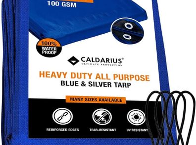 FREE EXPRESS SHIPPING ty Tarp Waterproof Furniture Caravan Cover Sheet Reinforced Eyelets Premium Quality - TRUSTED BRITISH BRAND (BLUE/SILVER 100GSM, 1.5 x 2 m