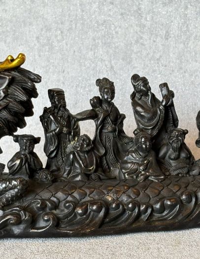 Antique Eight Immortals Dragon Boat - Patinated Bronze, Gold Accents, Signed