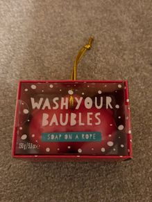 festive "Wash Your Baubles" soap on a rope