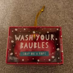 festive "Wash Your Baubles" soap on a rope