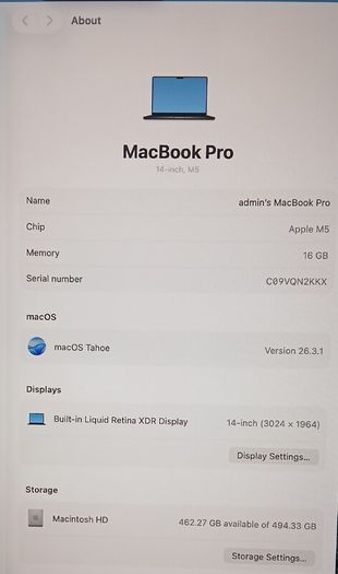 MacBook Pro 17,2/ M5 (10-CPU 10-GPU) /16GB Ram/512GB SSD/14  Battery health :100%