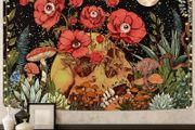 FREE EXPRESS SHIPPING Tapestry Skull Garden Wall Tapestry Hippie Moon Wall Hanging Tapestry Flower Mushroom Decor Tapestry for Bedroom Dorm Room Decoration 59 x 51 inch (150 x130cm)