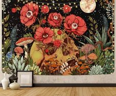 FREE EXPRESS SHIPPING Tapestry Skull Garden Wall Tapestry Hippie Moon Wall Hanging Tapestry Flower Mushroom Decor Tapestry for Bedroom Dorm Room Decoration 59 x 51 inch (150 x130cm)