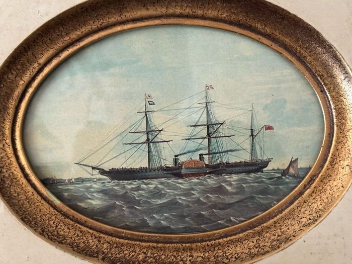 Antique Framed Maritime Print - Victorian Paddle Steamer Ship (23 x 18 cm)