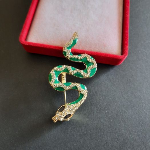 Snake Brooch Cobra Pin Gold Tone with Green & White Crystals Rattle Snake Broach