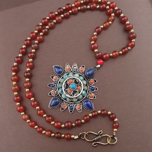 Antique Style Brass & Lapislazuli,Coral,Turqouise Pendant with Carnelian Beads Necklace