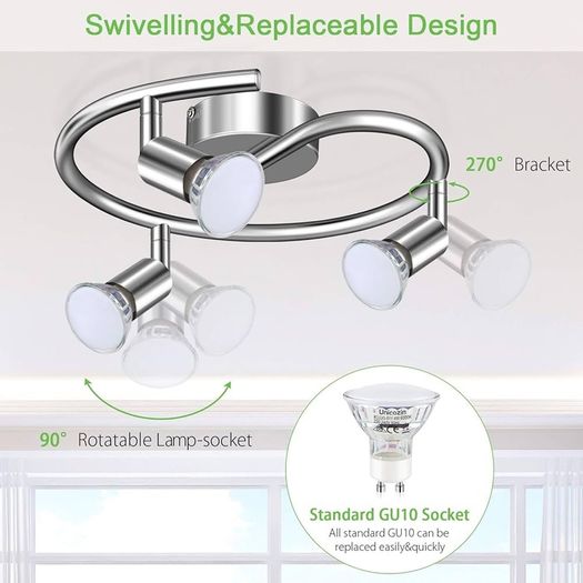 LED Ceiling Light Rotatable, 3 Way LED Ceiling Spotlight, Chrome & Swivelling Design, Including 3 X 4W GU10 LED Bulbs (450LM, Cool White 6000K),for Kitchen, Living Room, Bedroom