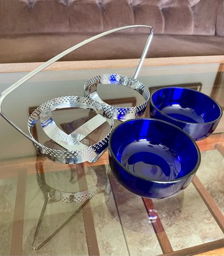 Vintage 1950s Cobalt Blue Glass & Silver Chrome Double Table Basket