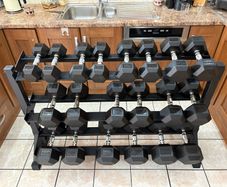 Rubber Hex Dumbbell Full Collection And Solid 3 Tier Dumbbell Storage Rack, No Offers Below Asking!