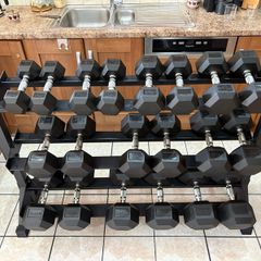 Rubber Hex Dumbbell Full Collection And Solid 3 Tier Dumbbell Storage Rack, No Offers Below Asking!