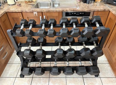 Rubber Hex Dumbbell Full Collection And Solid 3 Tier Dumbbell Storage Rack, No Offers Below Asking!