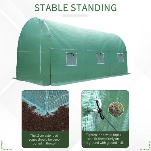 4 x 2 x 2 m Polytunnel Greenhouse with Roll-up Door and 6 Mesh Windows, Walk-in Garden Tunnel Warm House Tent with UV-resistant PE Cover and Galvanised Steel Frame, Green