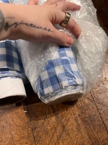 Large Red & Blue Plaid Oilcloth Roll Lot  Approx. 75m