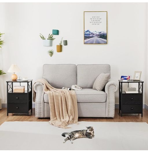 Bedside Table Set of 2, Side Table with Charging Station and Led Lights