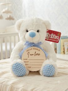 Baby Boy Announcement Teddy Bear with Personalised Wooden Plaque