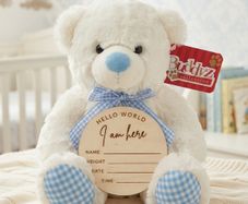 Baby Boy Announcement Teddy Bear with Personalised Wooden Plaque