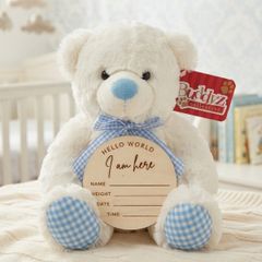 Baby Boy Announcement Teddy Bear with Personalised Wooden Plaque