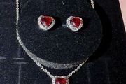 Pandora Red Sparkling Elevated Heart Necklace and Matching Earrings Set