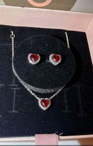 Pandora Red Sparkling Elevated Heart Necklace and Matching Earrings Set