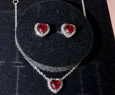 Pandora Red Sparkling Elevated Heart Necklace and Matching Earrings Set