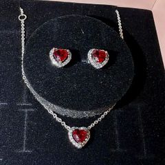 Pandora Red Sparkling Elevated Heart Necklace and Matching Earrings Set