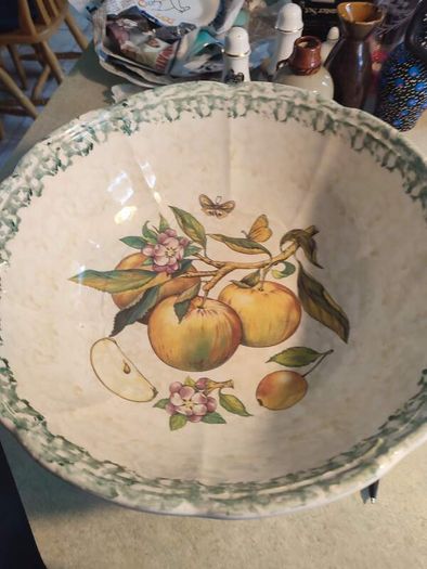 70s Ceramica Due Torri Handpainted Fruit & Floral Pasta Bowl_Sponge-wear_Salad Bowl_Serving Bowl_Italy_Kitchen Decor