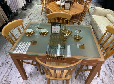 Glass Top Pine Table and 4 Chairs