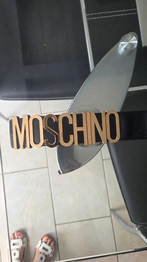 Ladies Genuine black leather Moschino Gold Buckle belt