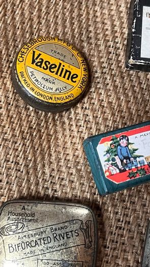 vintage George & Co. Press Button Tins with contents