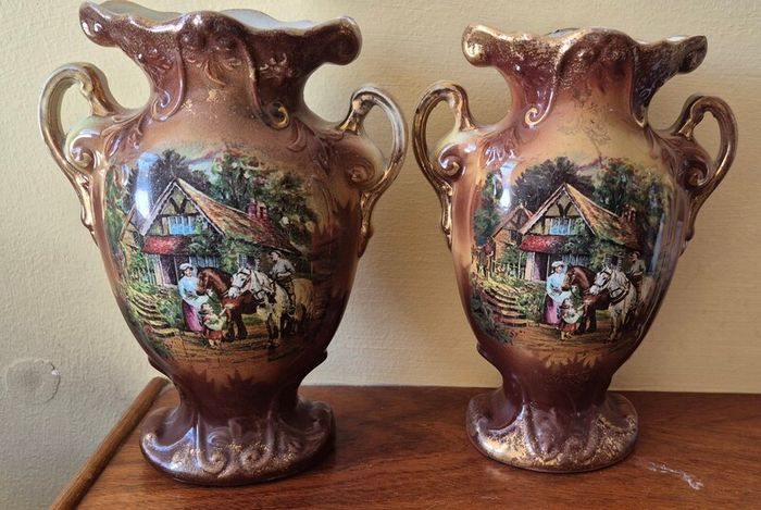 Pair Antique English Porcelain Handled Vases Cow/Country Scene Gold Trim