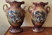 Pair Antique English Porcelain Handled Vases Cow/Country Scene Gold Trim