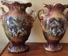 Pair Antique English Porcelain Handled Vases Cow/Country Scene Gold Trim