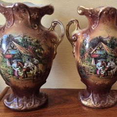 Pair Antique English Porcelain Handled Vases Cow/Country Scene Gold Trim