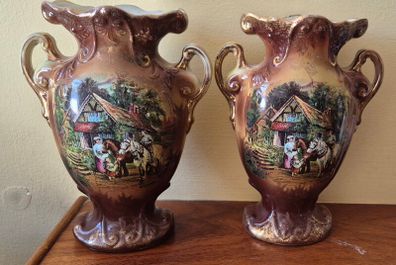 Pair Antique English Porcelain Handled Vases Cow/Country Scene Gold Trim