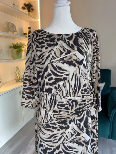 Wallis Ladies Knee-length Black and Beige Animal-print Dress with gathered side tie.