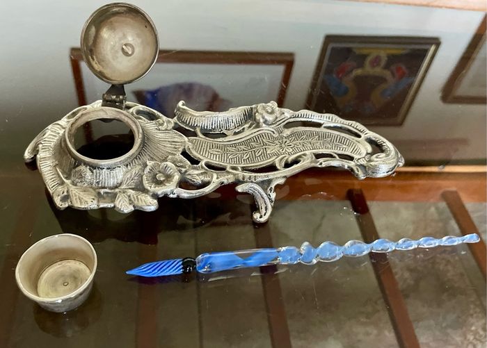 Vintage Art Nouveau Style Inkwell with Pen Tray Ink Pot Insert and Glass Dip Pen