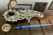 Vintage Art Nouveau Style Inkwell with Pen Tray Ink Pot Insert and Glass Dip Pen