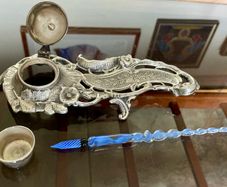 Vintage Art Nouveau Style Inkwell with Pen Tray Ink Pot Insert and Glass Dip Pen