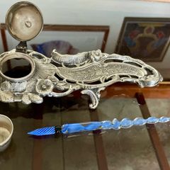 Vintage Art Nouveau Style Inkwell with Pen Tray Ink Pot Insert and Glass Dip Pen