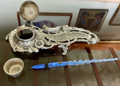 Vintage Art Nouveau Style Inkwell with Pen Tray Ink Pot Insert and Glass Dip Pen