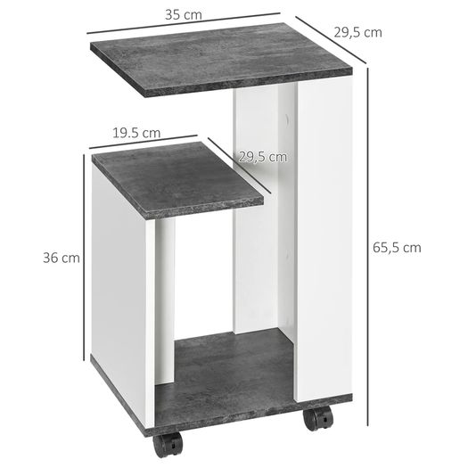 Nightstand with 4 Wheels, 3 Shelves, 35 x 29.5 x 65.5 cm, Gray/White