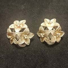 Vintage Sterling Silver Filigree Flower Earrings Clip On