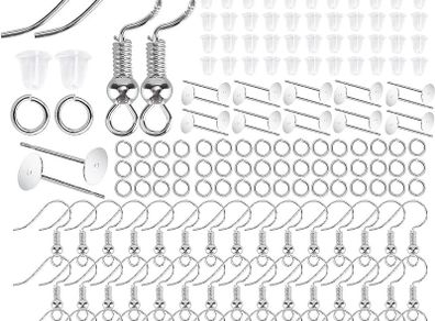 350 Pcs Earrings Making Supplies Kit 925 Silver Hypoallergenic Plated Fish Hooks Earring with Clear Earring Safety Backs Posts and Open Jump Rings