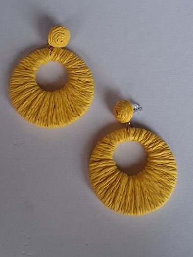 Golden Yellow Raffia Woven Stud Hollow Out Woven Hoop Earrings