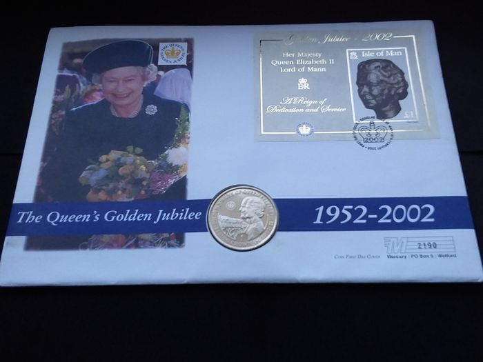 Queen Elizabeth II 2002 Golden Jubilee Coin and Mini-Sheet Stamp Cover ( Gibraltar 1 Crown )